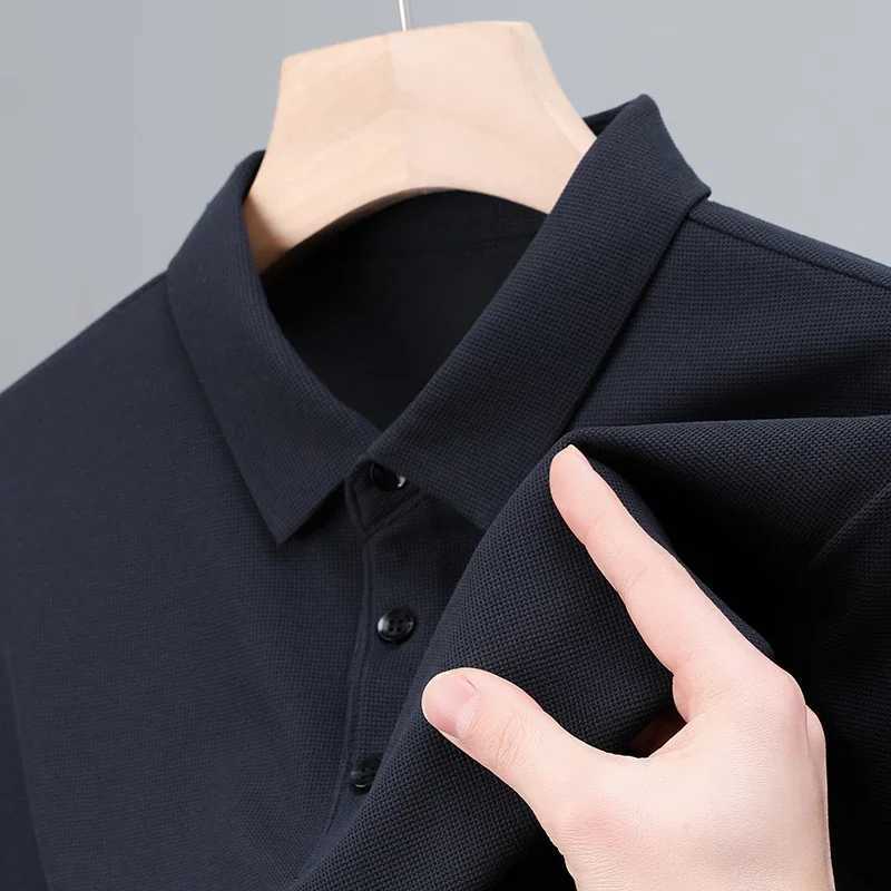 Mens Fashion Waffle Solid Long Sleeved Polo Shirt Summer Breathable Comfortable TopXJ240906