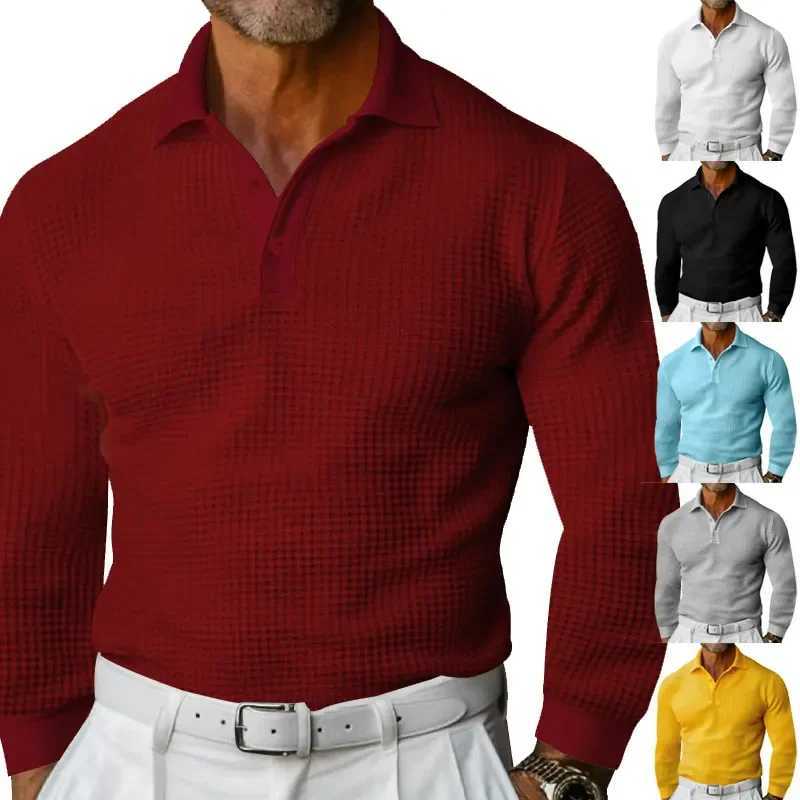 2024 New Business Casual Mens Polo Shirt Waffle Fabric Lapel Button Solid Color Long Sleeve Daily Simple Mens ClothingXJ240906