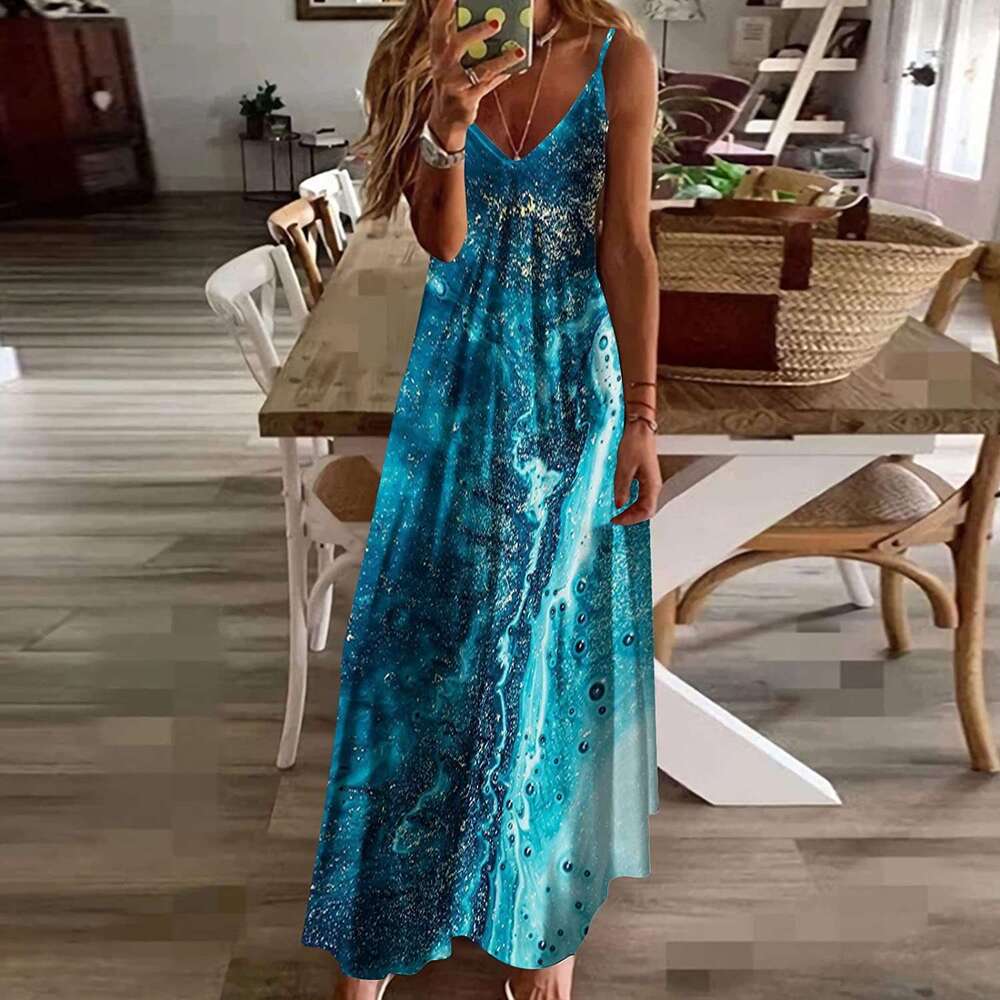 2023 Women's Summer V-neck Sexy A Edition Positioning Printed Long Loose Large Strap Dress