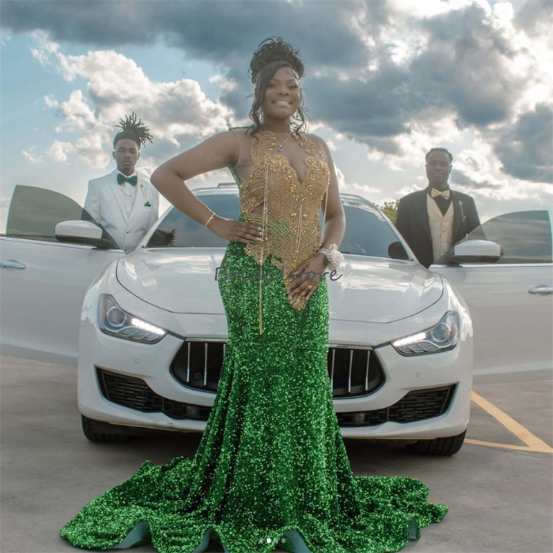Gorgeous Green And God Prom Dresses 2025 Elegant Black Girls Mermaid Sequins Evening Dress Sparkly Beaded Crystal Formal Birthday Dress vestidos de no