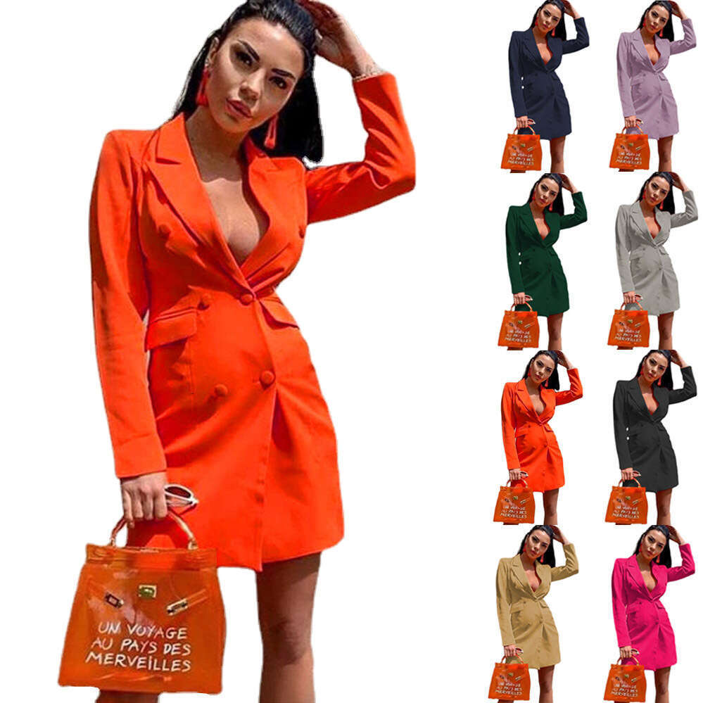 2024 New Women's Solid Color Slim Fit Suit Double breasted Button Long sleeved Flip Collar Coat Top