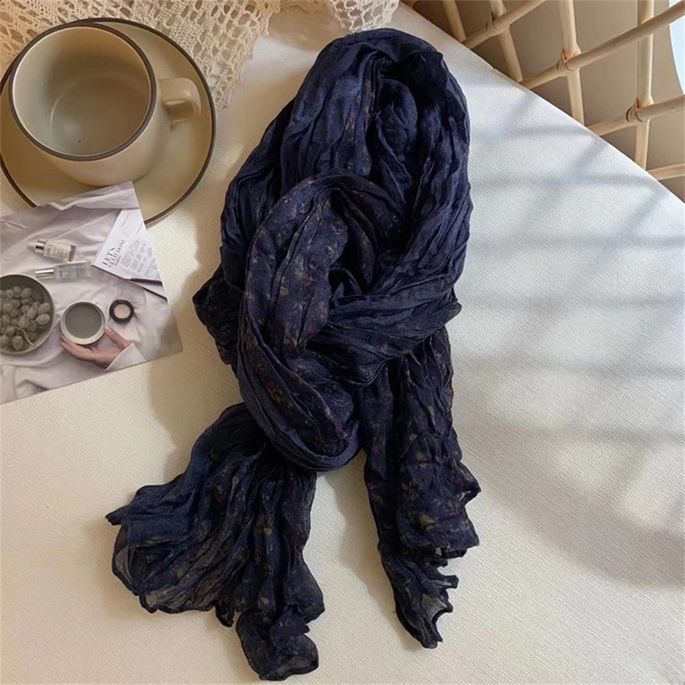 Retro cotton linen patchwork work scarf womens pleated scarf long flower square scarf shawl fashionable winter warm casual scarf shawl 240905