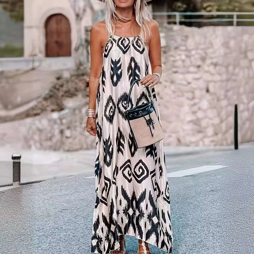 2024 Spring New Sleeveless Headband Women's Fashion Versatile Loose Print Long Dress for Women