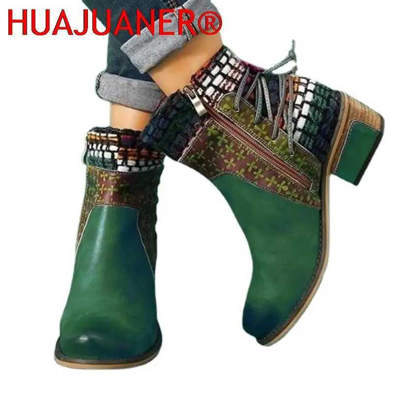 New 2023 Autumn Winter Womens Retro Knitted Splicing Leather Pattern Adjustable Boots Botines Mujer Retro Warm Botas Womens Boots CL240906