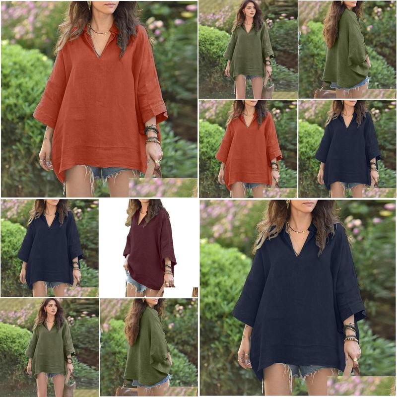 Womens T-Shirt Ddmytoys 2024 Autumn Product Vneck Lapel Color Mid Sleeve Cotton And En Bat Shirt F090536 Drop Delivery Apparel Cloth Dhmho