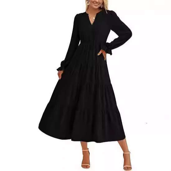 2024 autumn dress long sleeved V-neck layered ruffle hem flowing A-line cocktail party