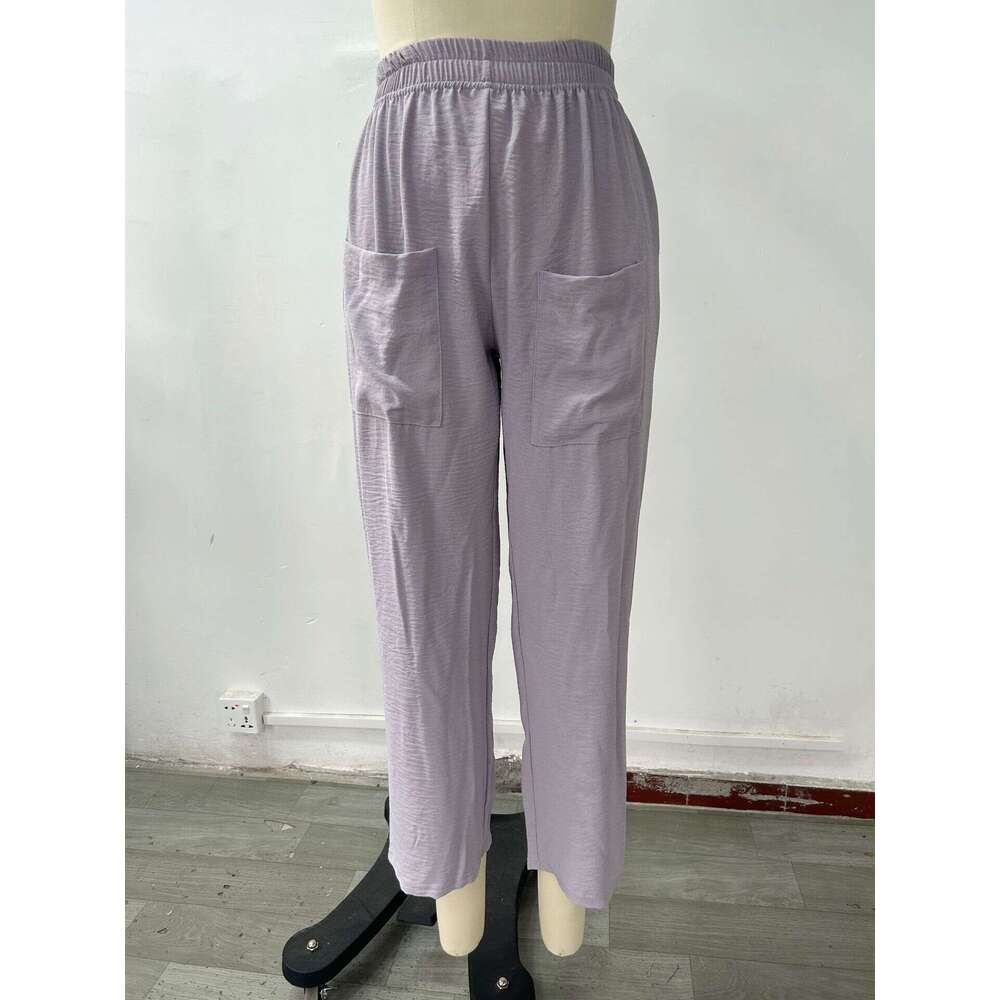 2024 Solid color pockets Women's casual Elastic Long pants