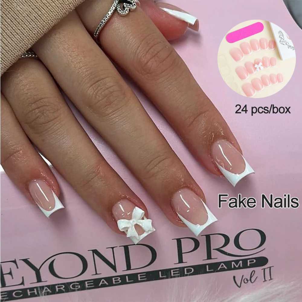 24 pieces/box Bow Fake Nail White Short Ballet Pressing Fake Nail Tip French Rectangular Handmade Nail DIY Handicraft Art Supplies W240905