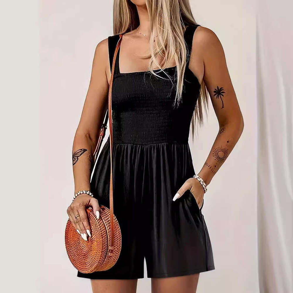 New sleeveless vest jumpsuit for spring and summer 2024, fashion, high waisted straight wide leg shorts, women's