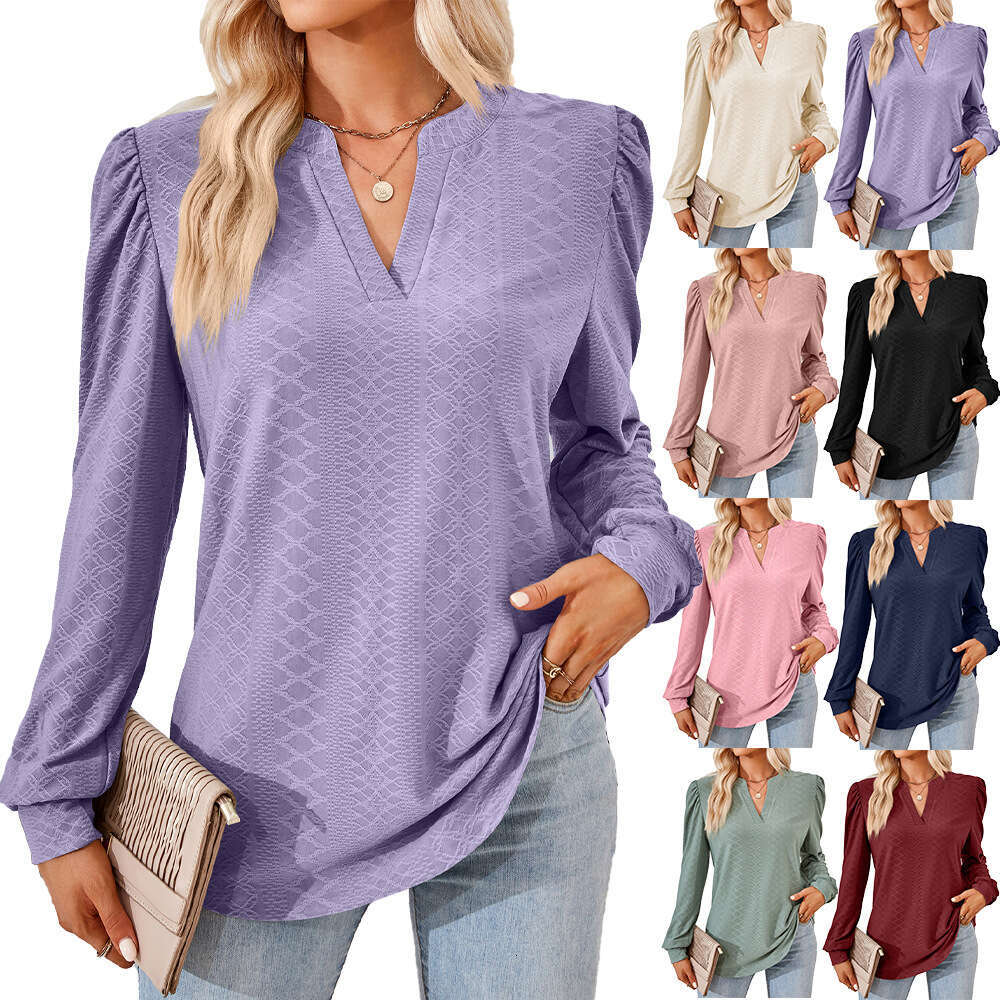 2024 Autumn/Winter New Solid V-Neck Jacquard Long Sleeve Loose T-shirt Top for Women