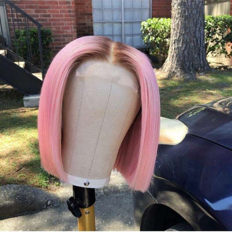 Soft Glueless Short 16" Ombre Pink Straight Lace Front Wig For Women With Baby Hair Synthetic Preplucked Heat Resistant Cosplay