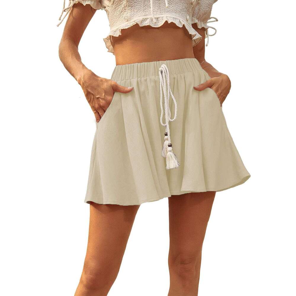 Summer new women's drawstring solid color comfortable cotton and en shorts