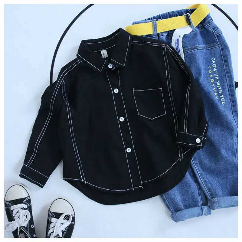 Boys Shirt Childrens Wear New Coat In Autumn 2021 Solid Cotton Loose Foreign Style All-match Korean Turn-down Collar Shirt Y240906