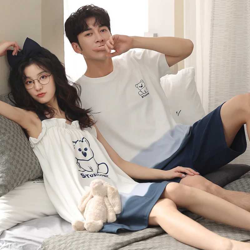 Summer Korean Couple Sleepwear Women Men Pajamas Set Cotton Pijama Suit Ladys Nightdress Round Neck Loose Lover Pyjama Night Y240906