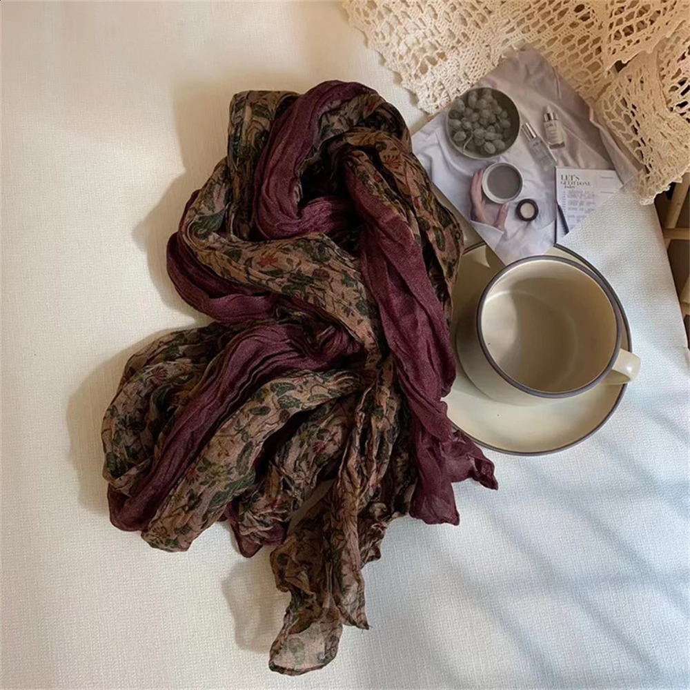 Retro cotton linen patchwork work scarf womens pleated scarf long flower square scarf shawl fashionable winter warm casual scarf shawl 240905