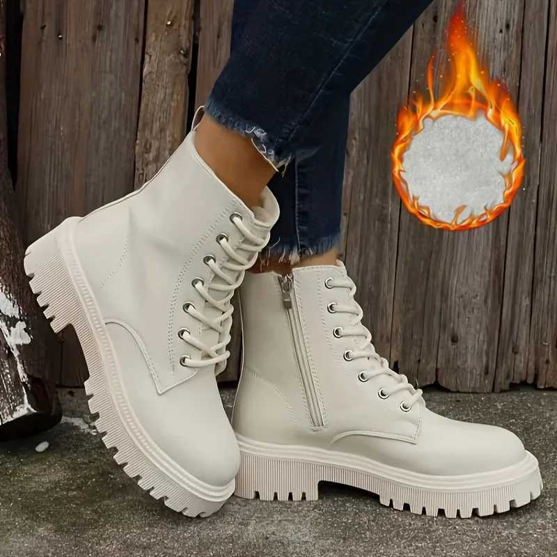 Womens Platform Boots Short Plush Solid Color Lace Side Zipper Ankle Boots Winter Womens Shoes 2024 Large 42 Womens Shoes CL240906