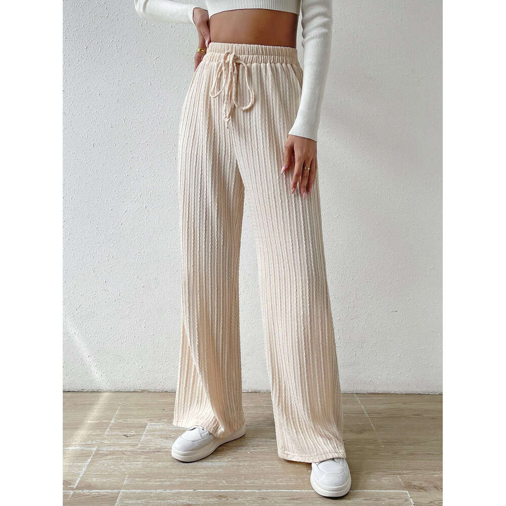 2024 New Texture Knitted Wide Leg Pants Elastic High Waist Solid Color Casual Loose Straight Women's Wear