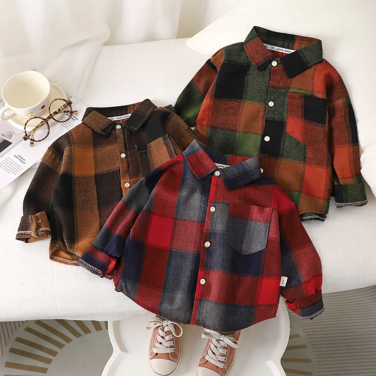 Autumn Toddler Boys Plaid Shirts Cotton Contrast Long Sleeve Infant Babys Boys Outwear Coat Loose Turn Down Collar Kid Boys Tops Y240906