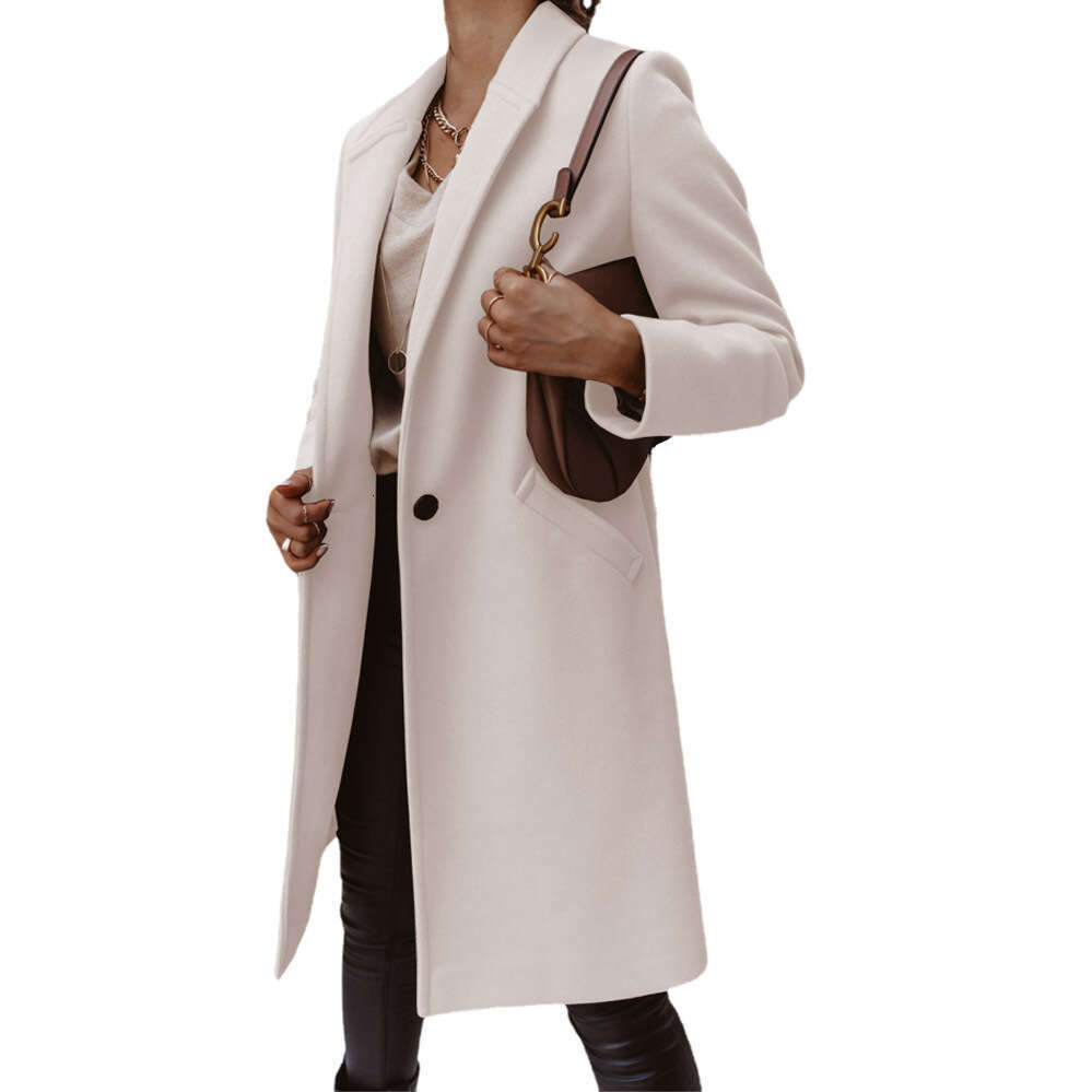 2024 new autumn and winter solid color lapel mid long button down woolen coat jacket for women