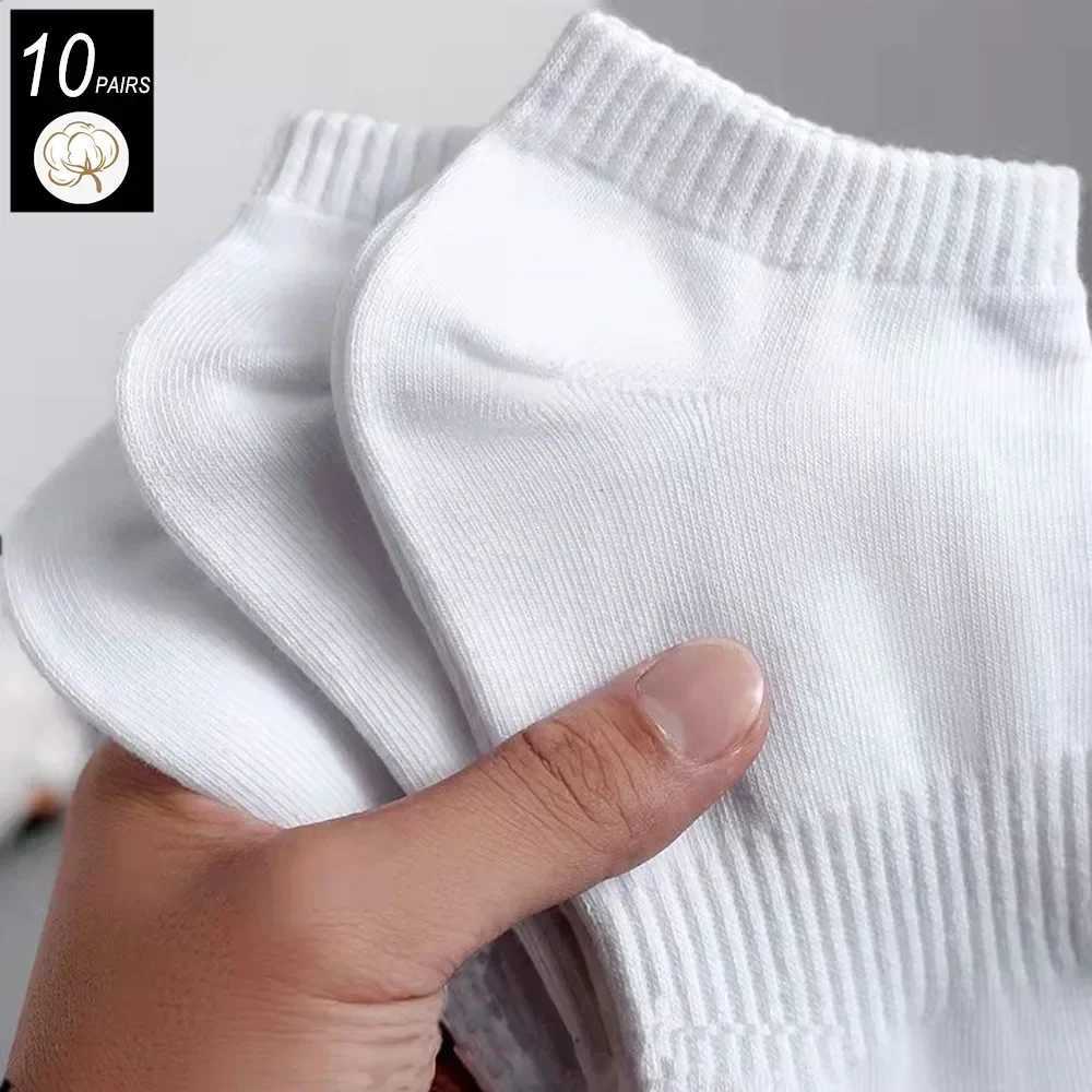 10 pairs of classic black/white business mens cotton socks for summer and autumn high-quality womens solid color ankle boat socks W240905