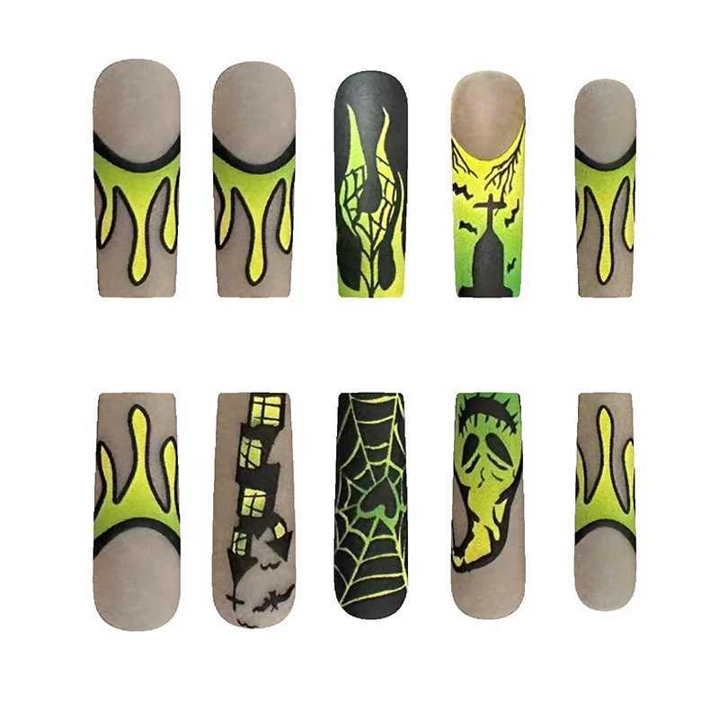 24 Halloween pressed long brown matte fake nails yellow green gradient ghost castle spider web flame fake nails W240905