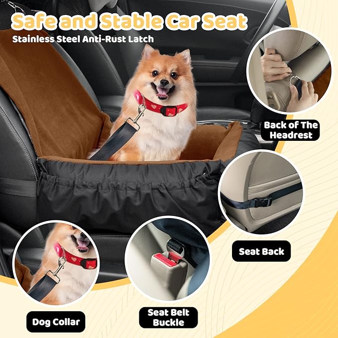Dog Car Seat, Pet Car Seat with Storage Pockets and Clip-On Safety Leash, Washable Coral Fleece Booster Seat for Small Medium Dogs for Travel