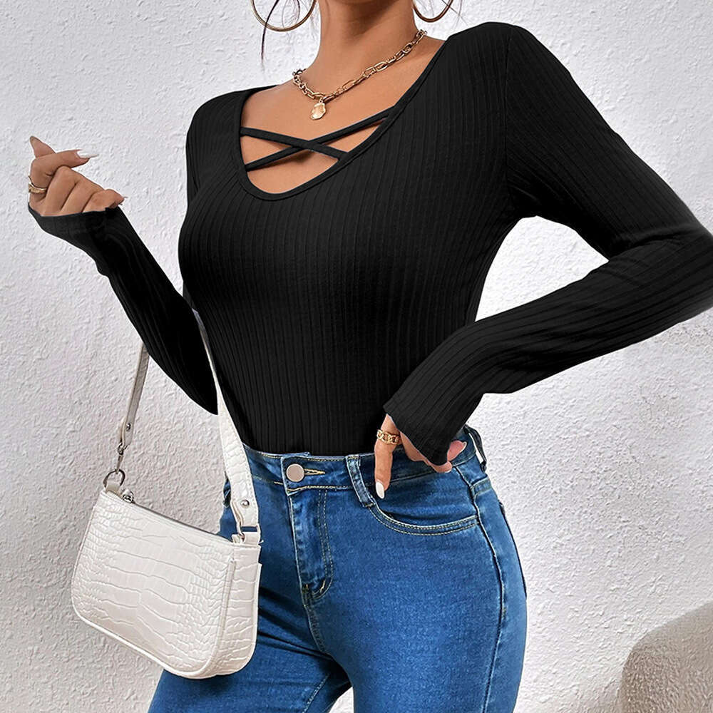 Women's 2024 style V-neck slim fit, long sleeves, inner T-shirt as a base, outer layer with top
