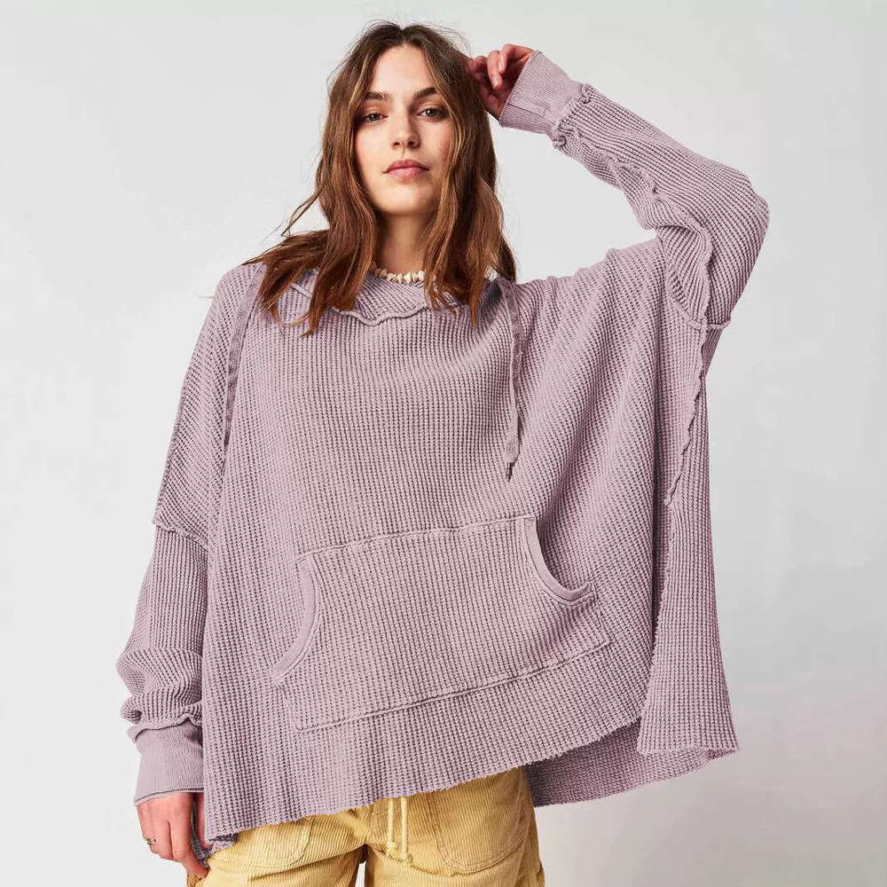 2024 Autumn Women's Loose Trendy Brand Solid Color Hoodie Waffle Long Sleeve Coat