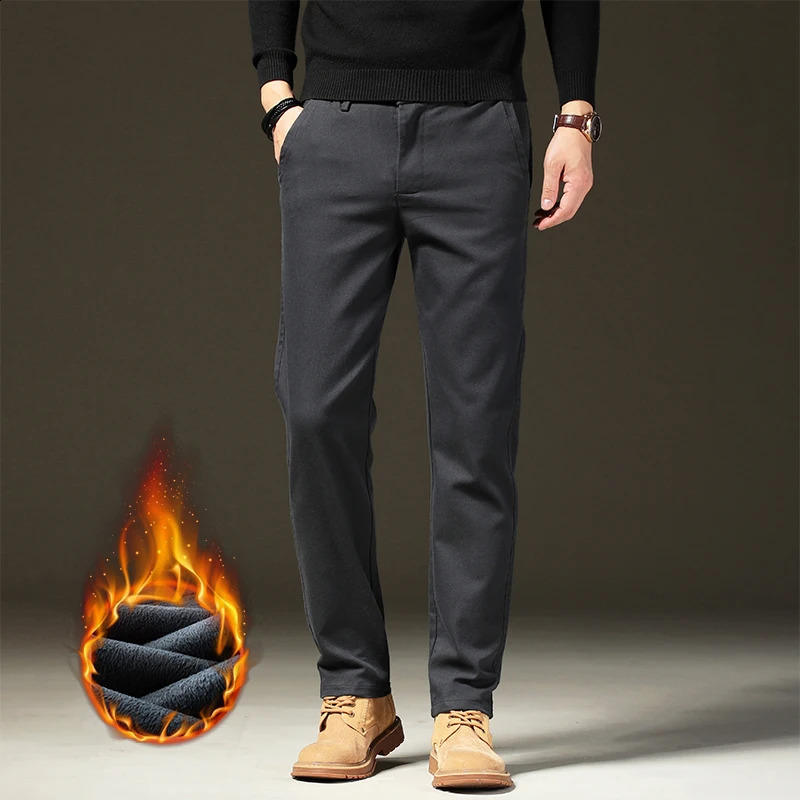 clothing winter wool warm casual pants mens cotton elastic waist brown gray diagonal work ultrathin flocking goods 240905