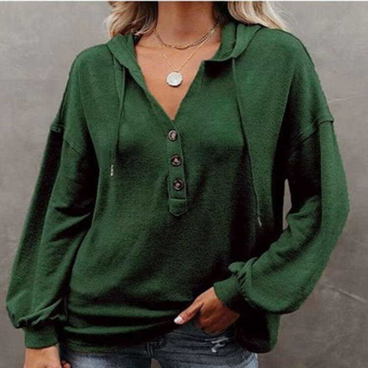 Spring 2024 New Women's Button Open Casual Loose Solid Color Hoodie