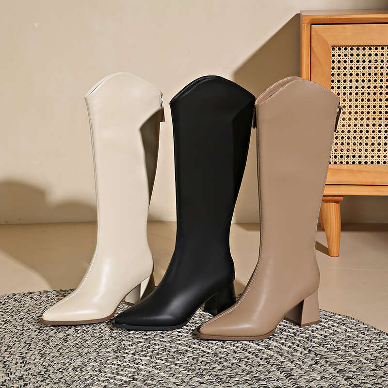 Autumn Winter Keep Warm Fur Women Knee High Boots Fashion Pointed Toe Shoes Thick Heel Ladies Knight Long Booties