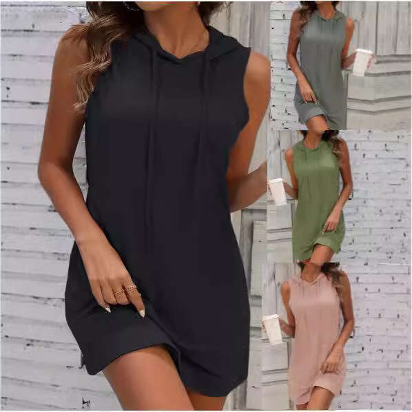 2024 spring/summer slim fit hip hugging hooded sweatshirt drawstring sports casual women's solid color short sleeveless
