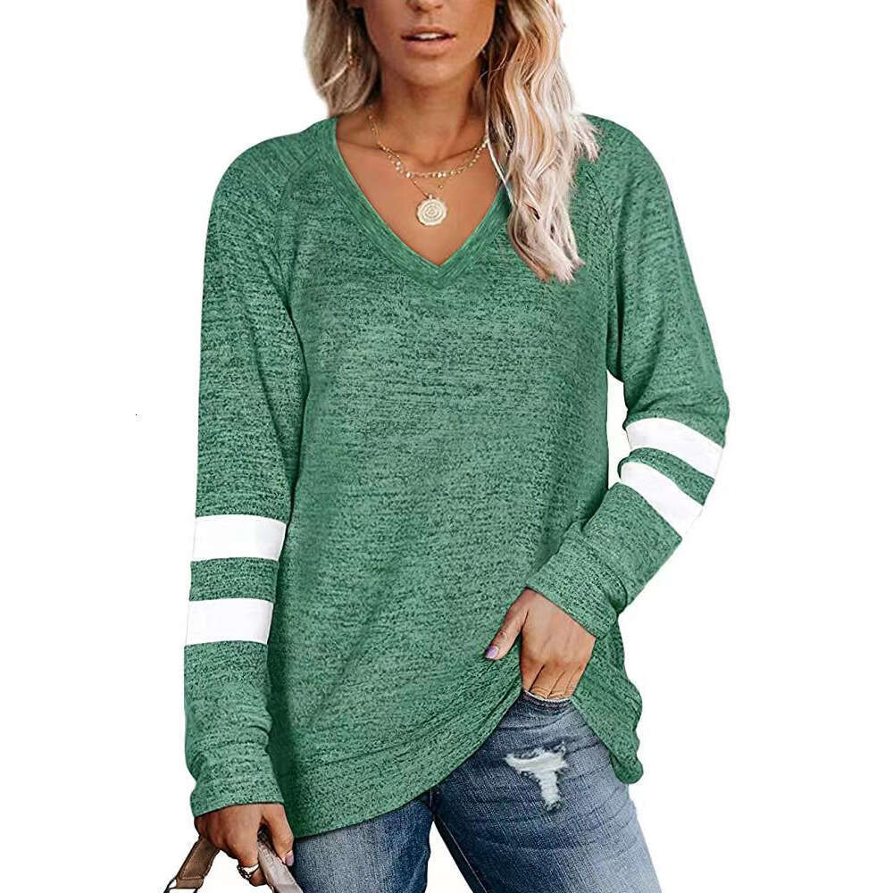 2022 Womens Long Sleeve Contrast Panel V-Neck Loose Casual T-shirt Top