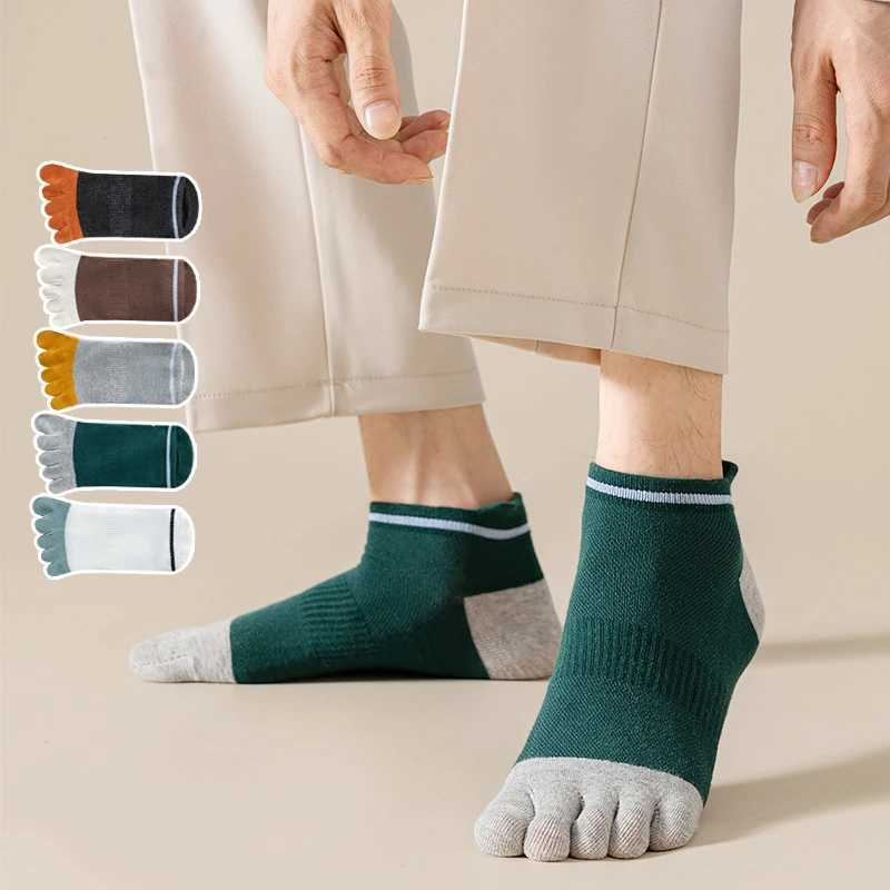 5 Pairs Man Toe Boat Socks Summer Cotton Mesh Breathable Sweat-Absorbing Patchwork Striped Elastic Ankle 5 Finger Sport Socks Y240906