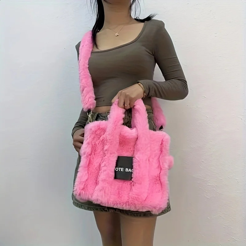 fashion soft plush small tote bag letters faux fur women handbags fluffy shoulder crossbody bags 241210