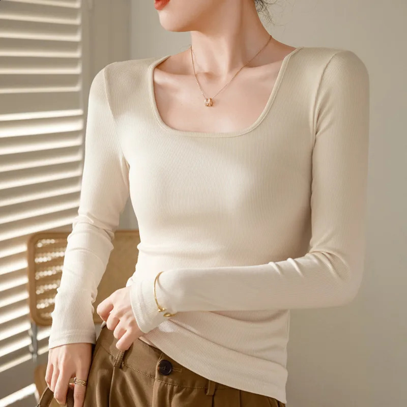 Wxw0411 autumn and winter elastic cotton long sleeved Tshirt for women square neckline sexy solid color tight fitting Korean style 240902