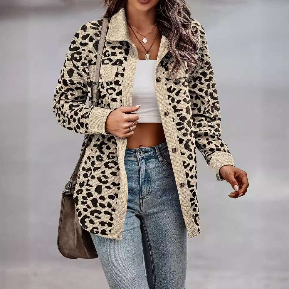 2024 new women's autumn and winter fashion leopard print button long sleeved jacket for women