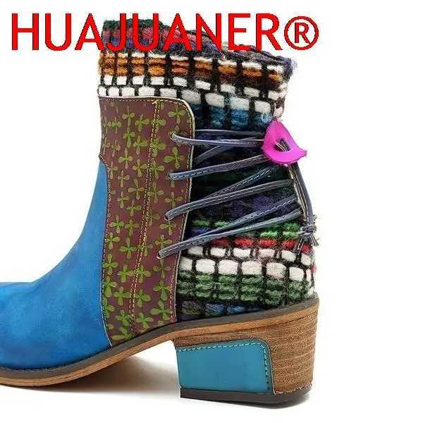 New 2023 Autumn Winter Womens Retro Knitted Splicing Leather Pattern Adjustable Boots Botines Mujer Retro Warm Botas Womens Boots CL240906