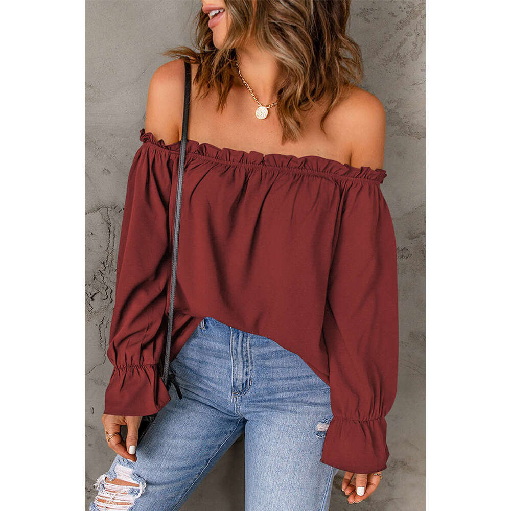 One line neck chiffon shirt Spring and Autumn new solid color pullover sexy off shoulder top for women