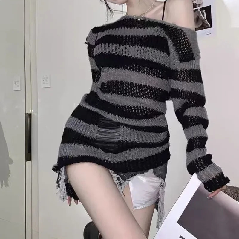 Womens sexy hollow outer striped long coat punk gothic cool hole torn jumper oversized loose rock dark streetwear zipper 240904