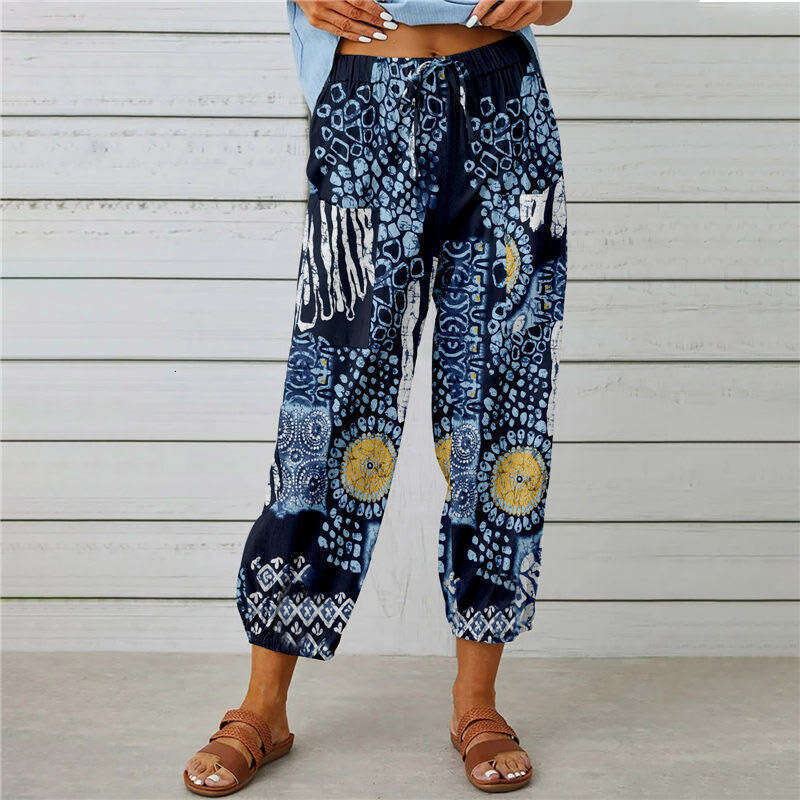 2024 new cotton linen women's high waisted drawstring cropped with elastic waistband and ankle print pants
