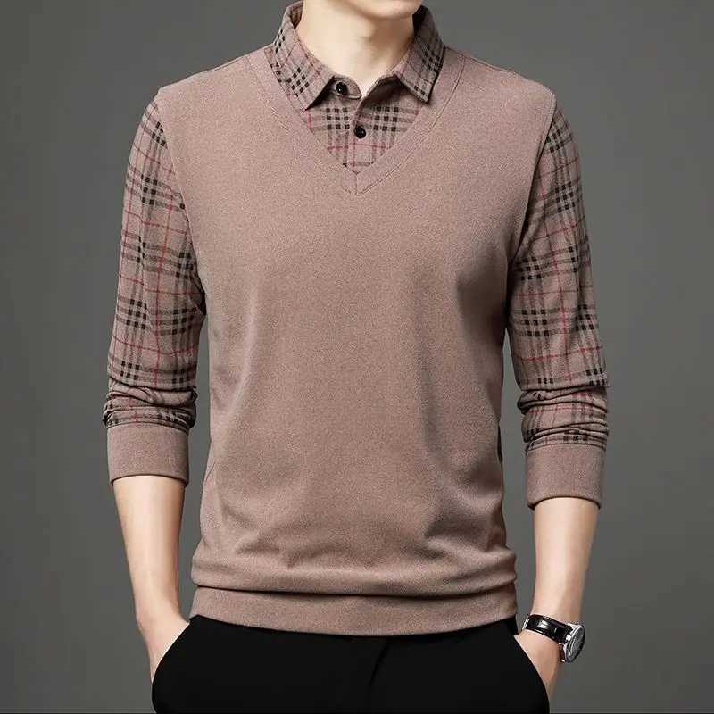 Autumn Winter 2023 New Smart Casual Turn-down Collar Long Sleeve T-Shirt Mens Clothing Fashion Buttons Pullover Patchwork TopsXJ240906