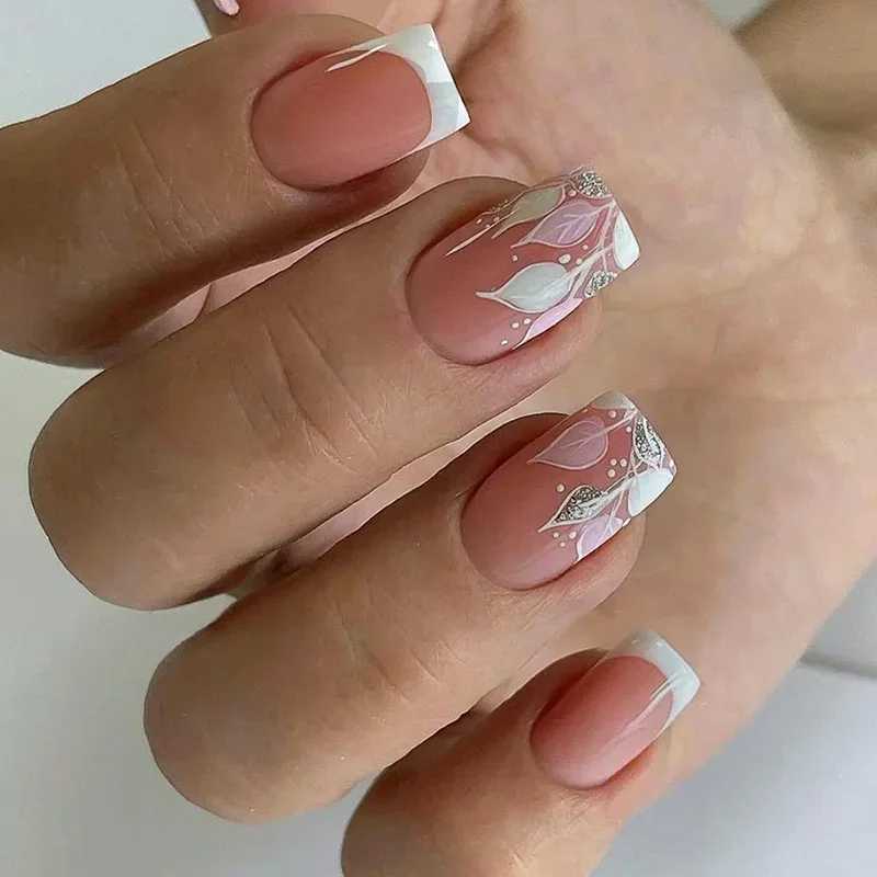 24 pieces of medium to long French fake nails square fake nails with butterfly design wearable decorative nail tips ballet nail press W240905