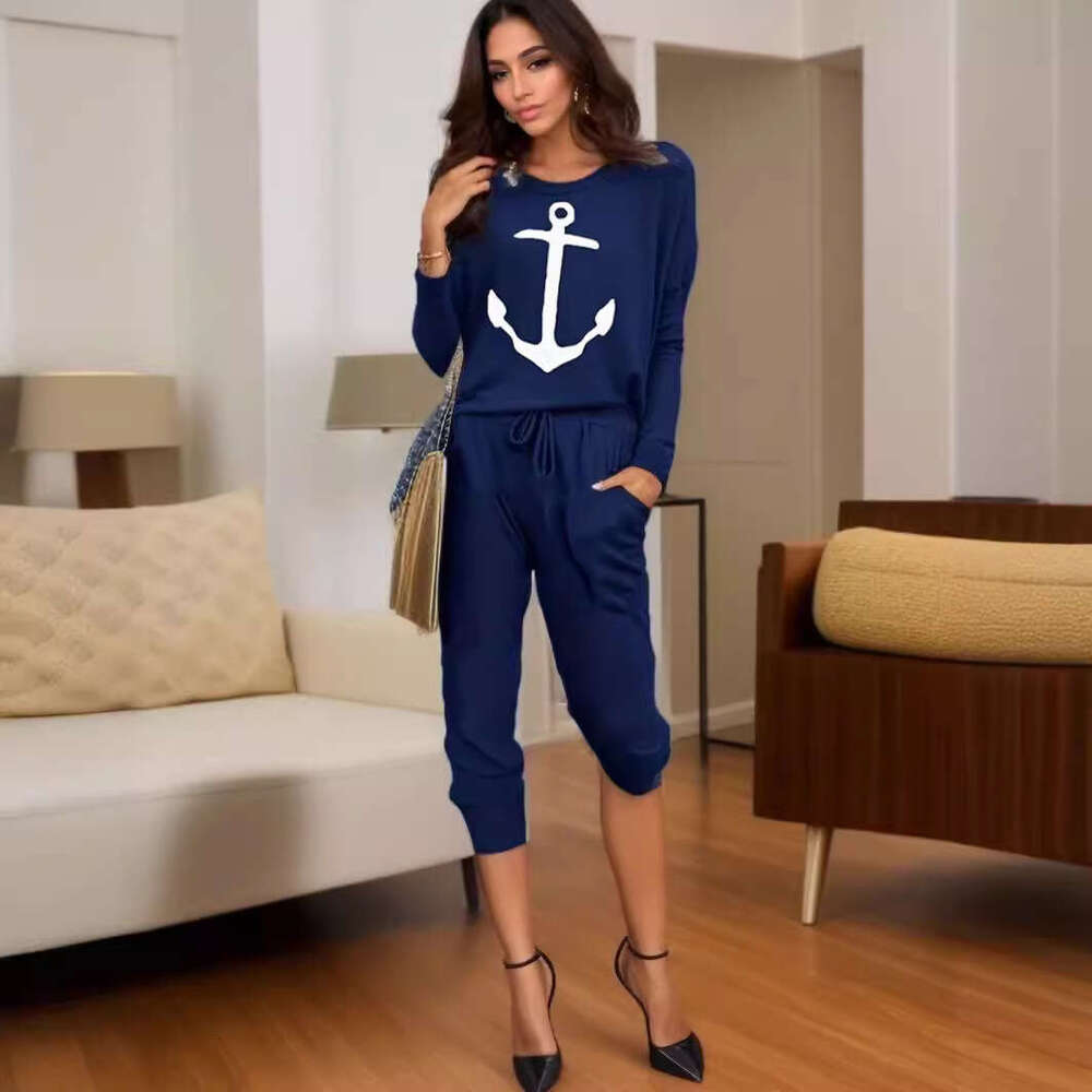 2024 New Women's Loose Anchor Printed Long Sleeve Casual Set