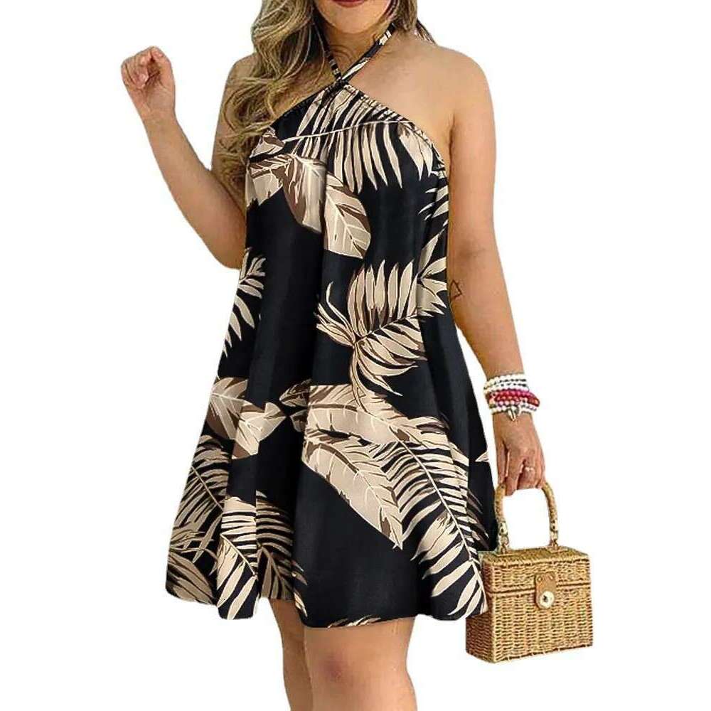 Summer Printed Off Shoulder Hanging Neck Strap Loose Women's Dress