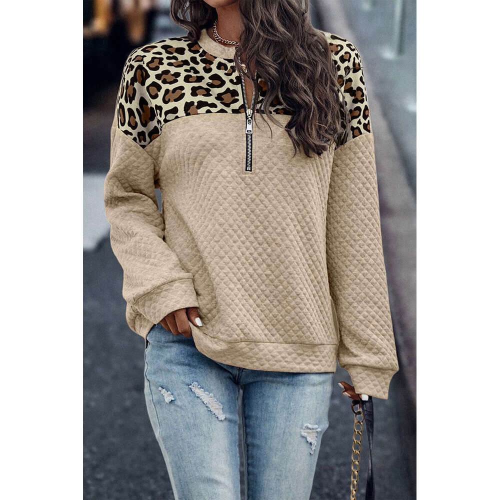 Fashion winter new leopard print patchwork shoulder zipper sweatshirt 2024 casual warm long sleeved top for women