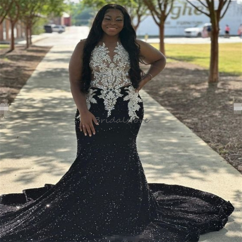 Shiny Red Black Prom Dresses 2025 Plus Size Sequins Mermaid Evening Dress 2025 African Nigerian O Neck Sleeveless Birthday Party Dress Special Occasio