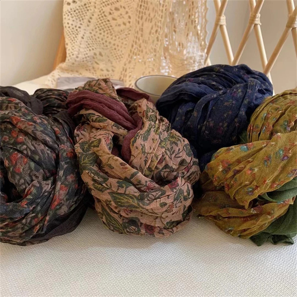 Retro cotton linen patchwork work scarf womens pleated scarf long flower square scarf shawl fashionable winter warm casual scarf shawl 240905