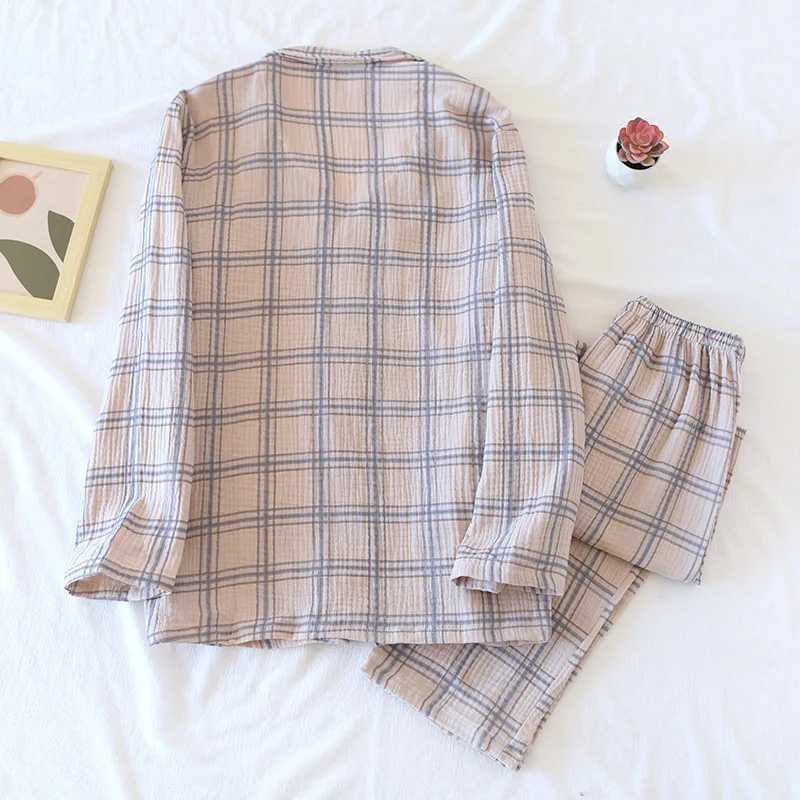 Japanese new spring and autumn mens 100% cotton crepe plaid pajamas long-sleeved trousers two-piece large size home service set Y240906