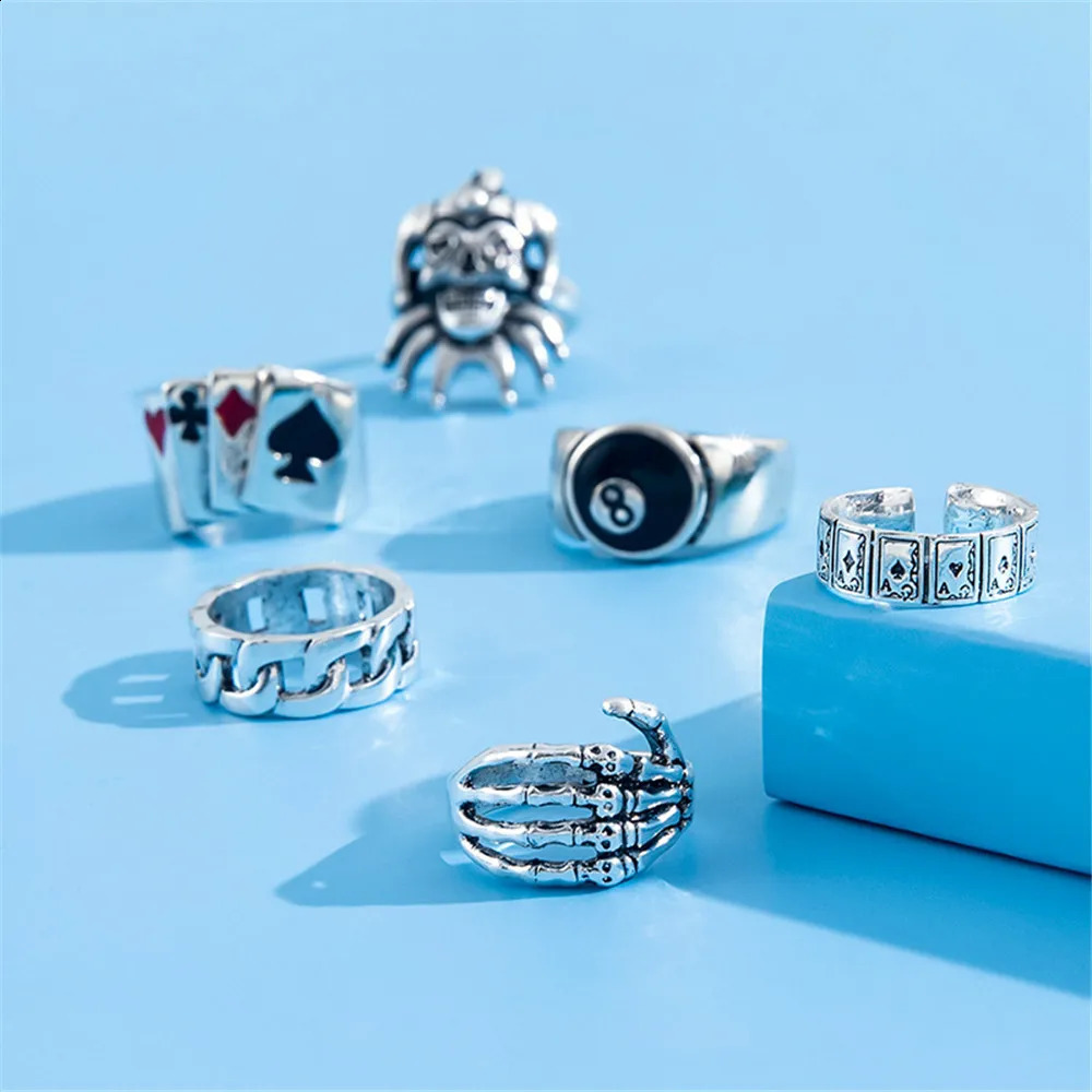 6 pieces of punk poker clown silver ring mens gothic skeleton billiards set couple emoticons fashion jewelry gift 240905